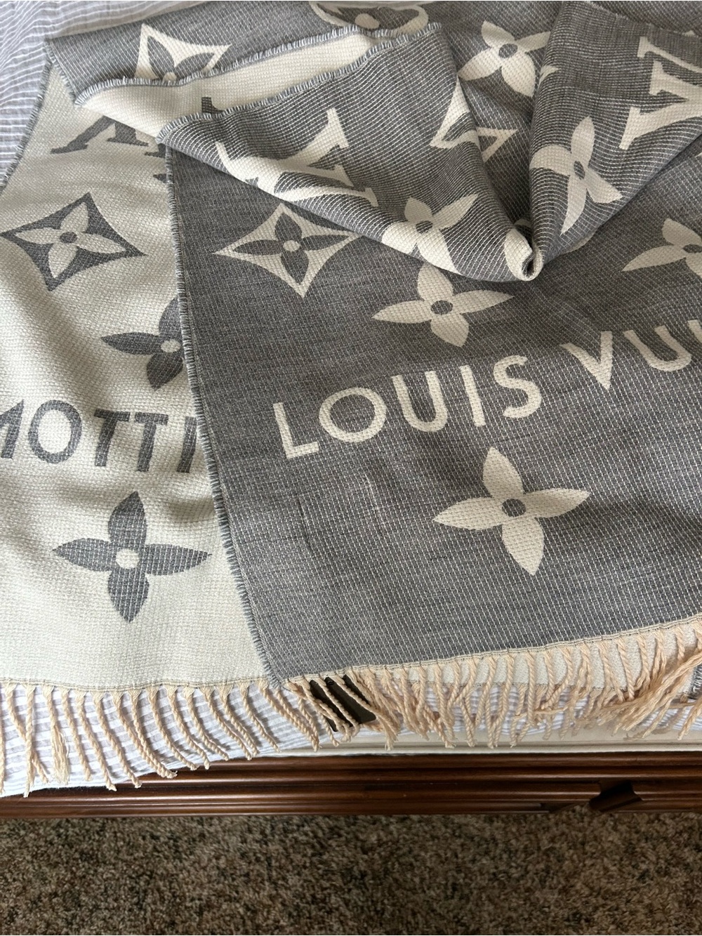 Louis Vuitton Cream and Gray Monogram Woven Shawl